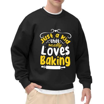 Just A Kid That Really Loves Baking Baker Crewneck Sweatshirt | Kids Baking Whisk Graphic Pullover, Young Baker Gift