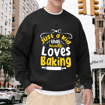 Just A Kid That Really Loves Baking Baker Crewneck Sweatshirt | Kids Baking Whisk Graphic Pullover, Young Baker Gift