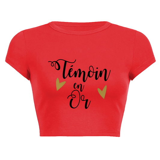 T¨¦moin en Or Gold Heart Bridesmaid Red Crop Tee