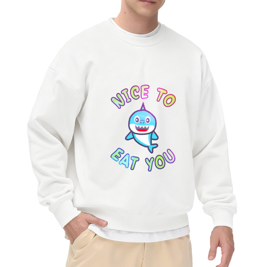 Nice To Eat You Cute Cartoon Shark Crewneck Sweatshirt | Funny Shark Pun Pullover, Ocean Animal Gift