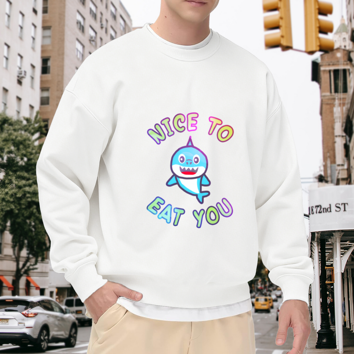 Nice To Eat You Cute Cartoon Shark Crewneck Sweatshirt | Funny Shark Pun Pullover, Ocean Animal Gift