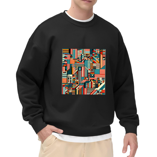 Geometric American Cityscape Crewneck Sweatshirt | Retro Patriotic Color Block Pullover, Abstract Building Graphic Top, Independence Day Gift