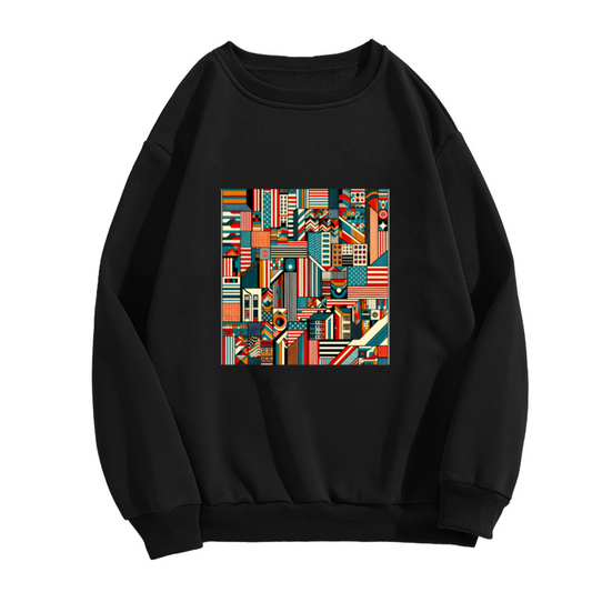 Geometric American Cityscape Crewneck Sweatshirt | Retro Patriotic Color Block Pullover, Abstract Building Graphic Top, Independence Day Gift