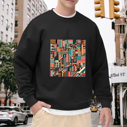 Geometric American Cityscape Crewneck Sweatshirt | Retro Patriotic Color Block Pullover, Abstract Building Graphic Top, Independence Day Gift