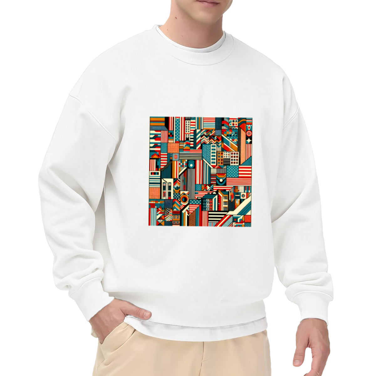 Geometric American Cityscape Crewneck Sweatshirt | Retro Patriotic Color Block Pullover, Abstract Building Graphic Top, Independence Day Gift