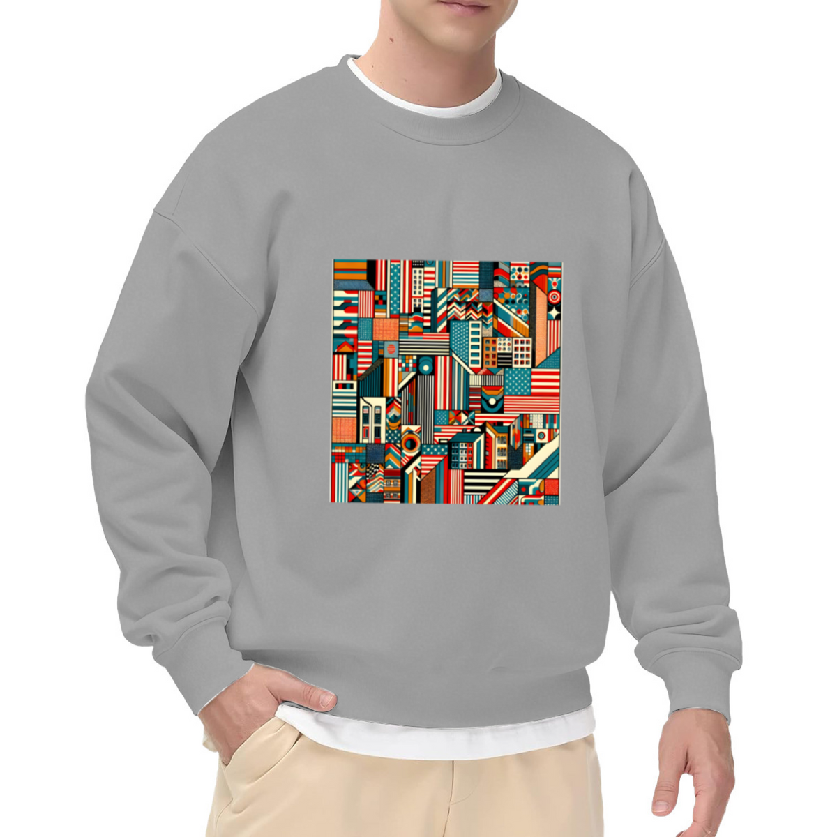 Geometric American Cityscape Crewneck Sweatshirt | Retro Patriotic Color Block Pullover, Abstract Building Graphic Top, Independence Day Gift