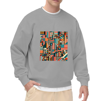 Geometric American Cityscape Crewneck Sweatshirt | Retro Patriotic Color Block Pullover, Abstract Building Graphic Top, Independence Day Gift