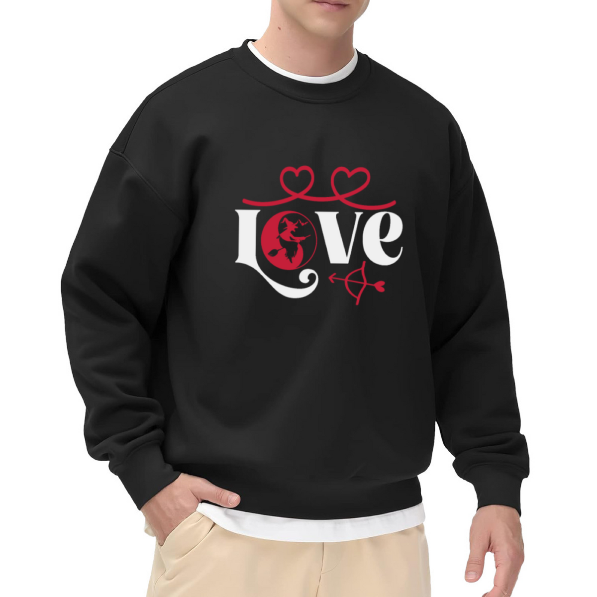 Witchy Love Crewneck Sweatshirt with Flying Witch Heart and Arrow Graphic
