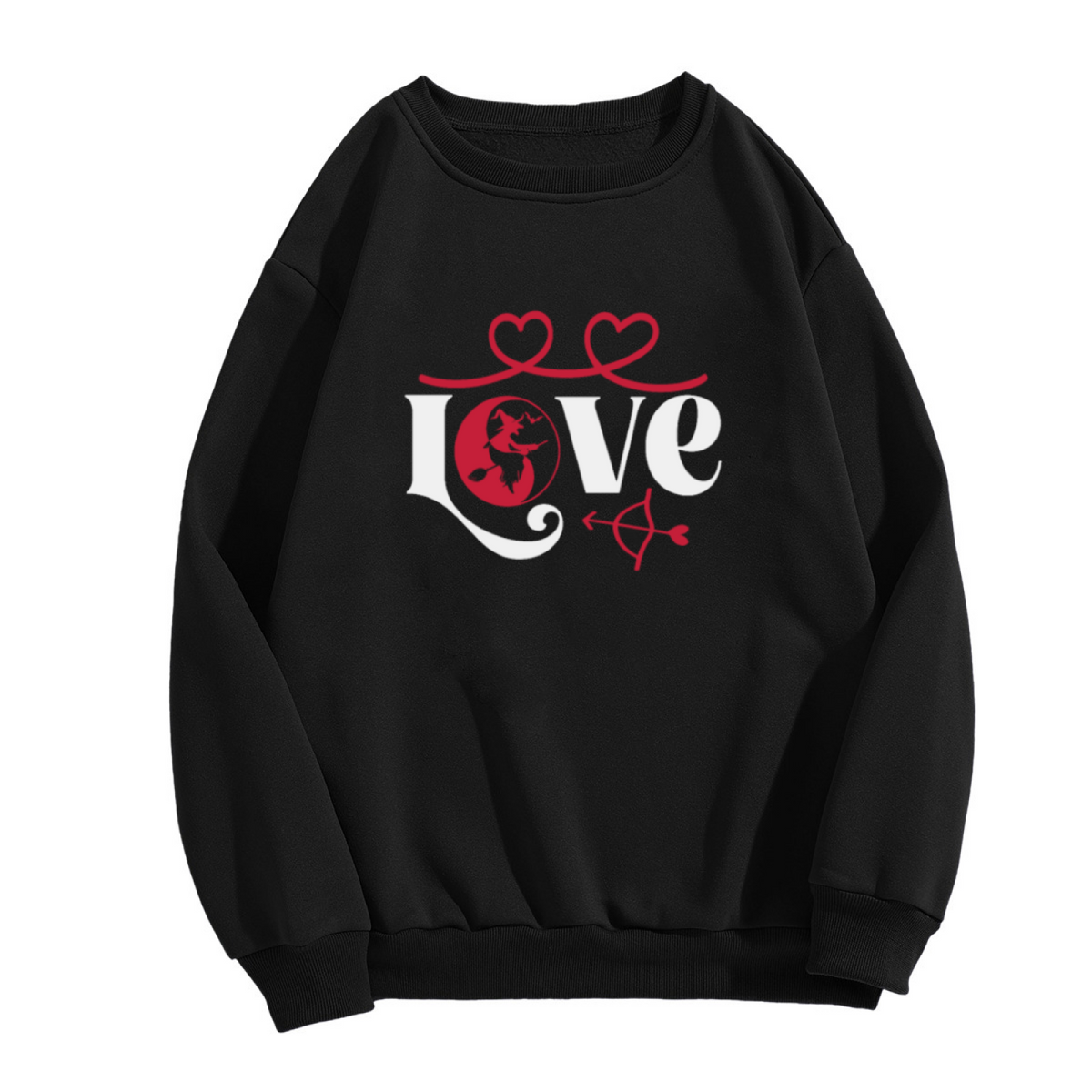 Witchy Love Crewneck Sweatshirt with Flying Witch Heart and Arrow Graphic