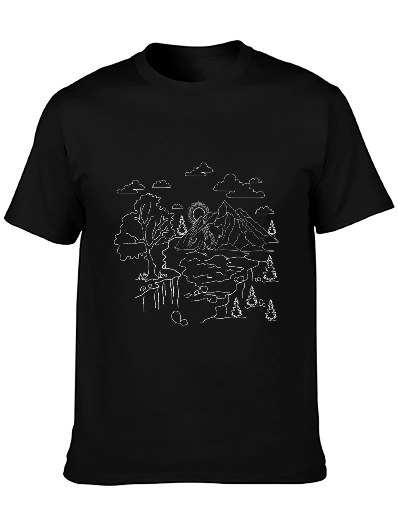Nature Line Art Tee - Black Cotton Casual Shirt