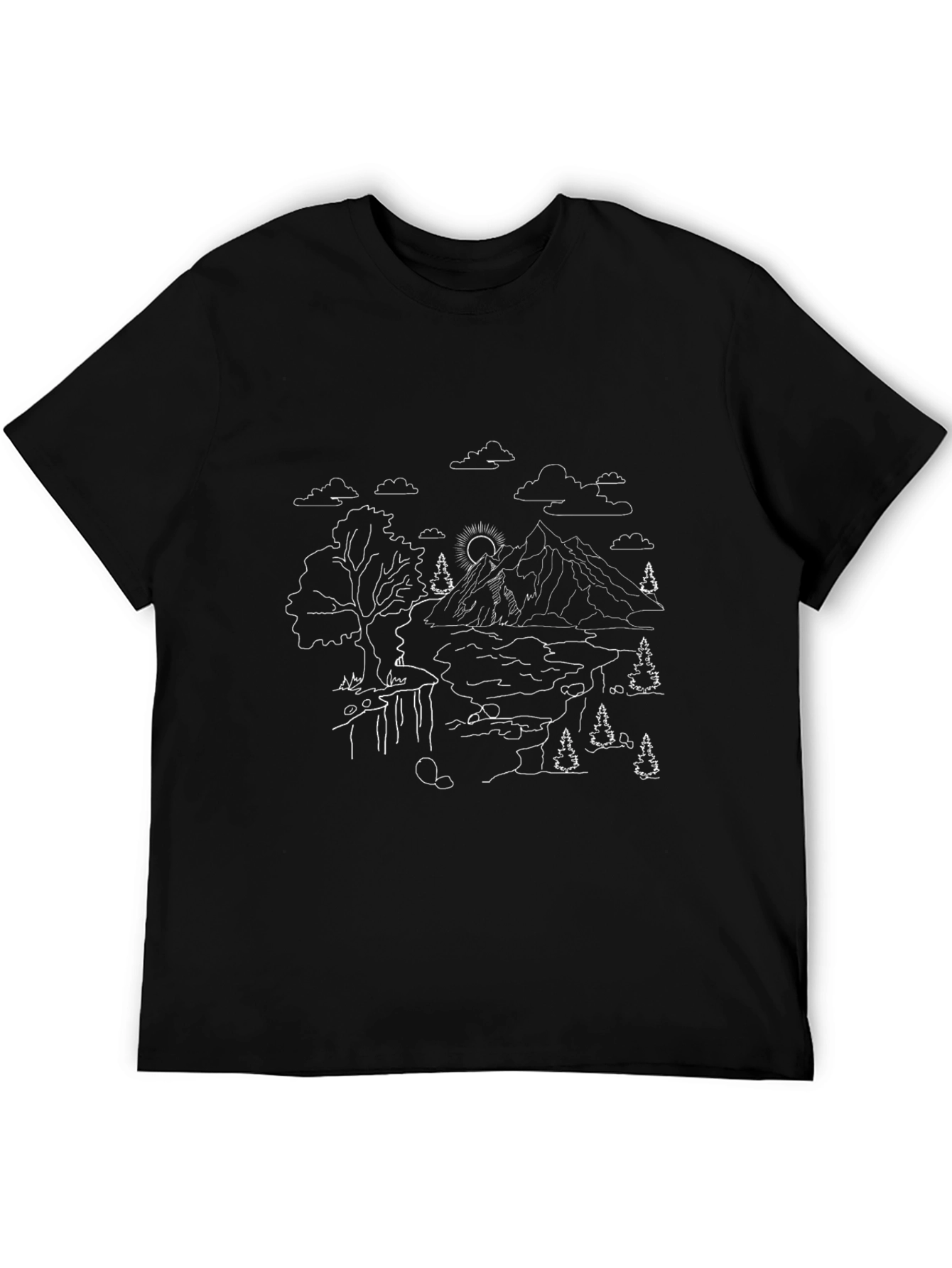 Nature Line Art Tee - Black Cotton Casual Shirt