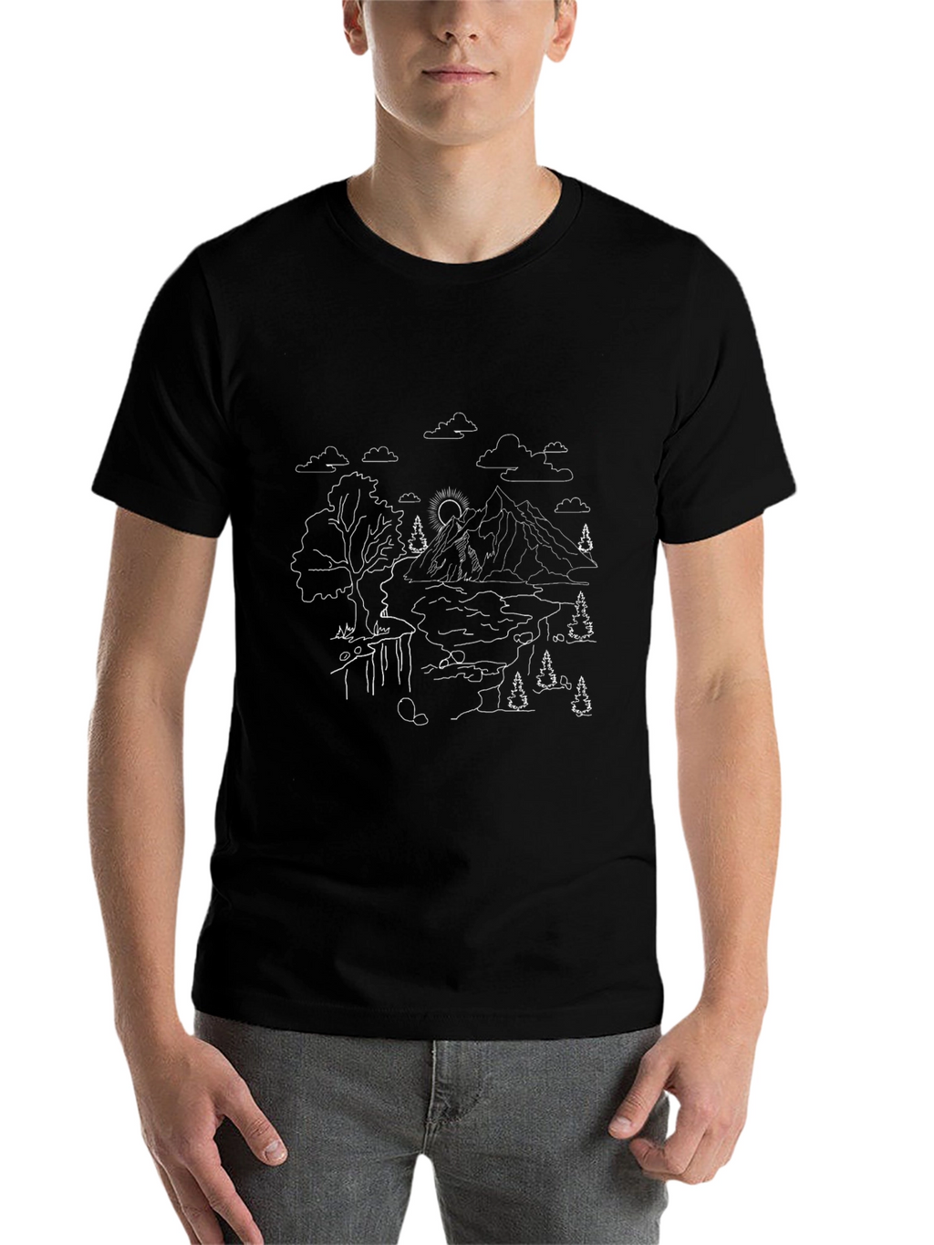 Nature Line Art Tee - Black Cotton Casual Shirt