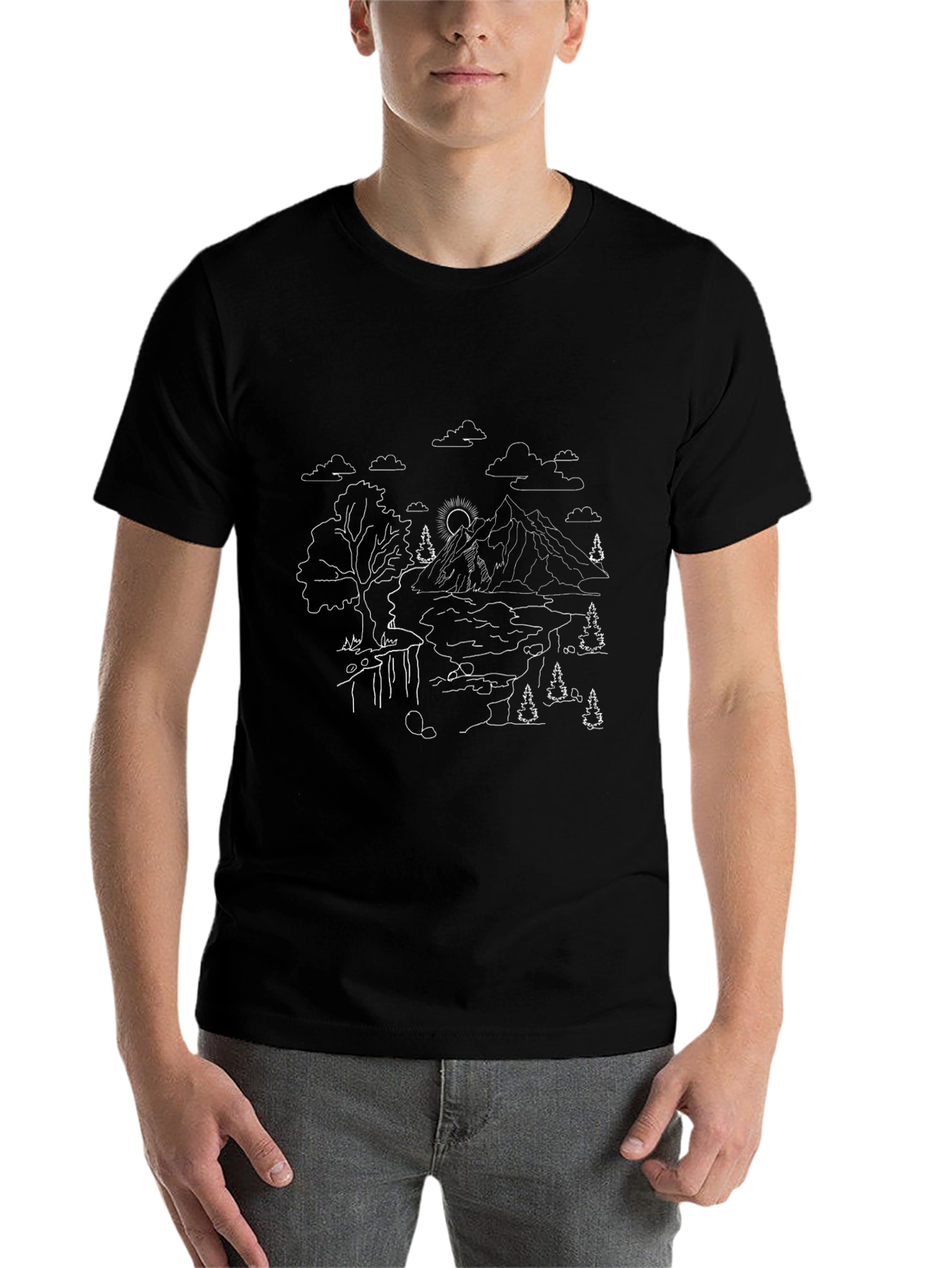Nature Line Art Tee - Black Cotton Casual Shirt