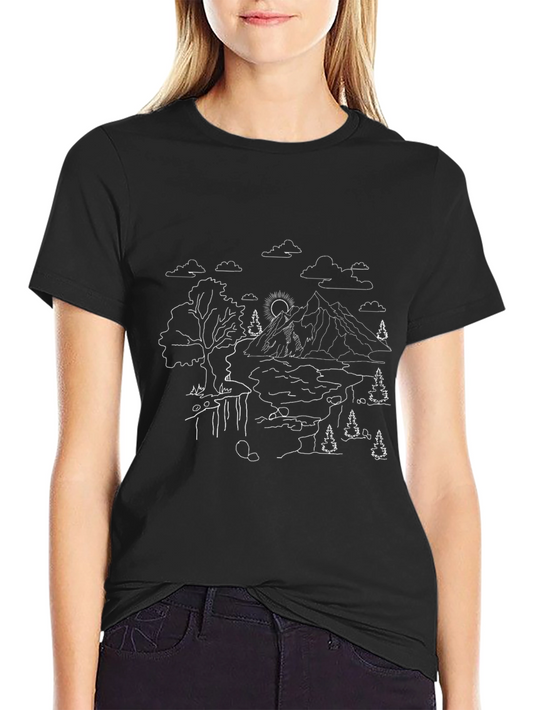 Nature Line Art Tee - Black Cotton Casual Shirt