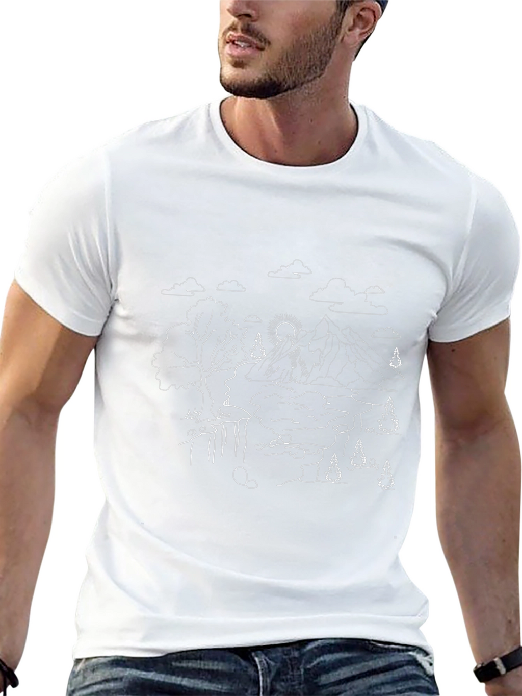 Nature Line Art Tee - Black Cotton Casual Shirt