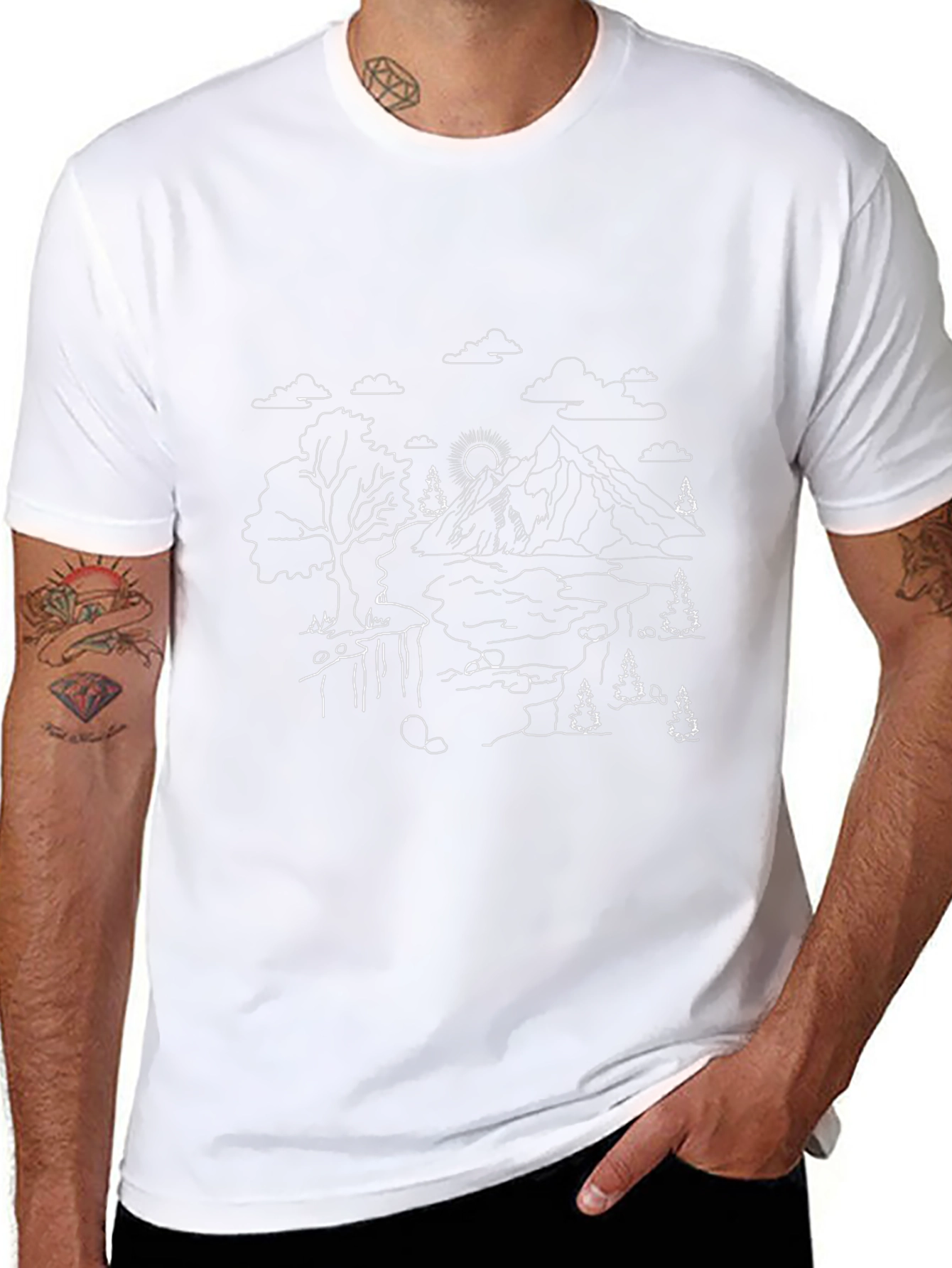 Nature Line Art Tee - Black Cotton Casual Shirt