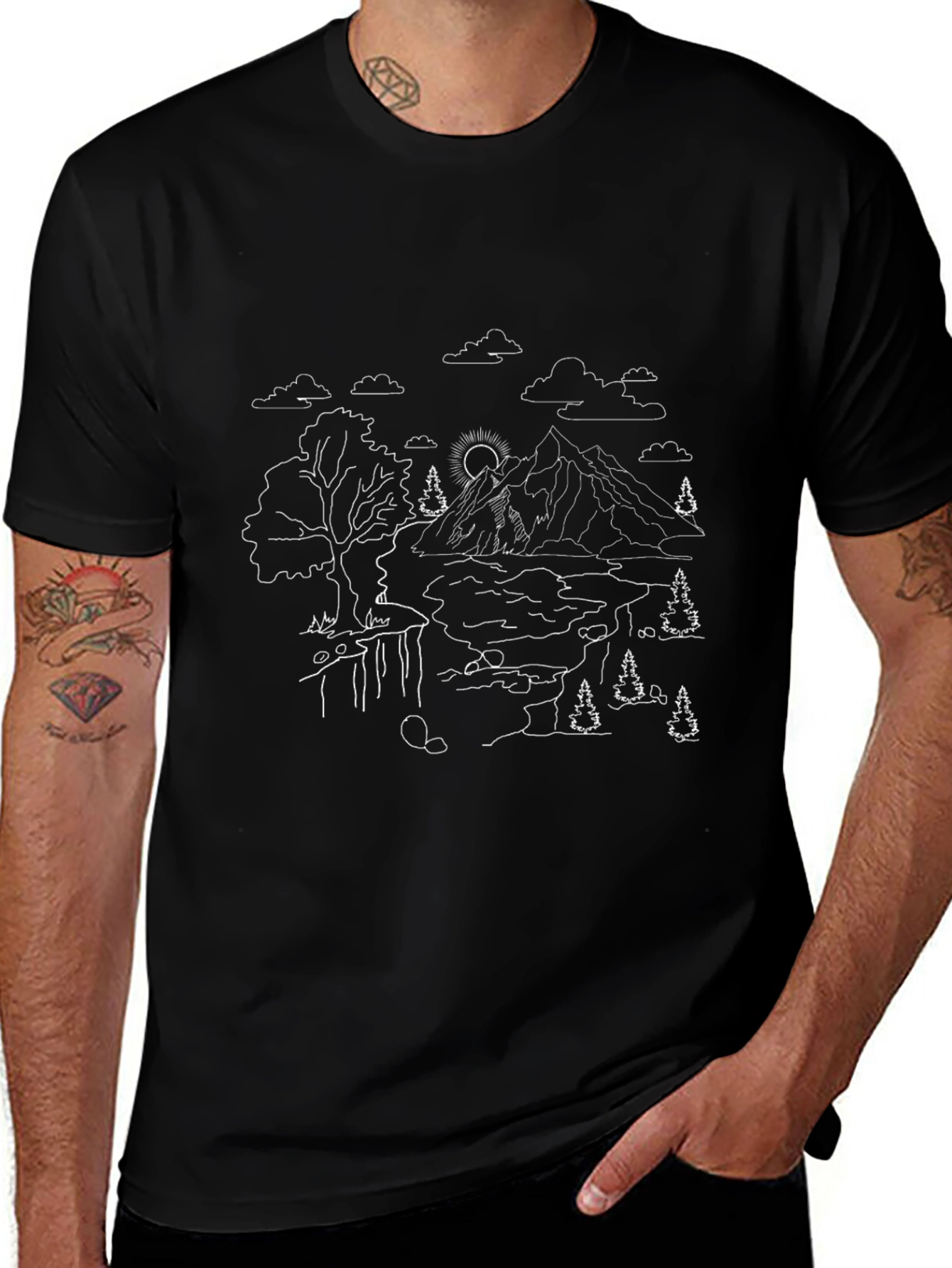 Nature Line Art Tee - Black Cotton Casual Shirt