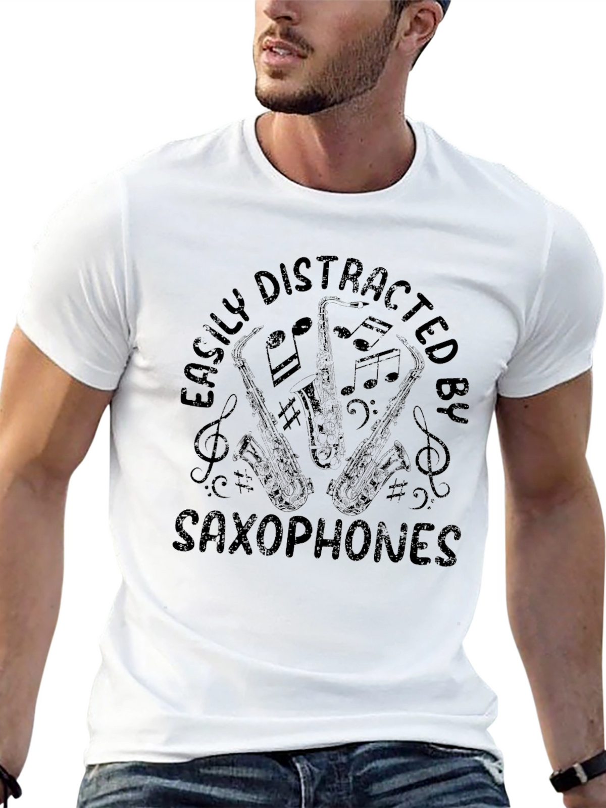 Easily Distracted by Saxophones Black Graphic Tee