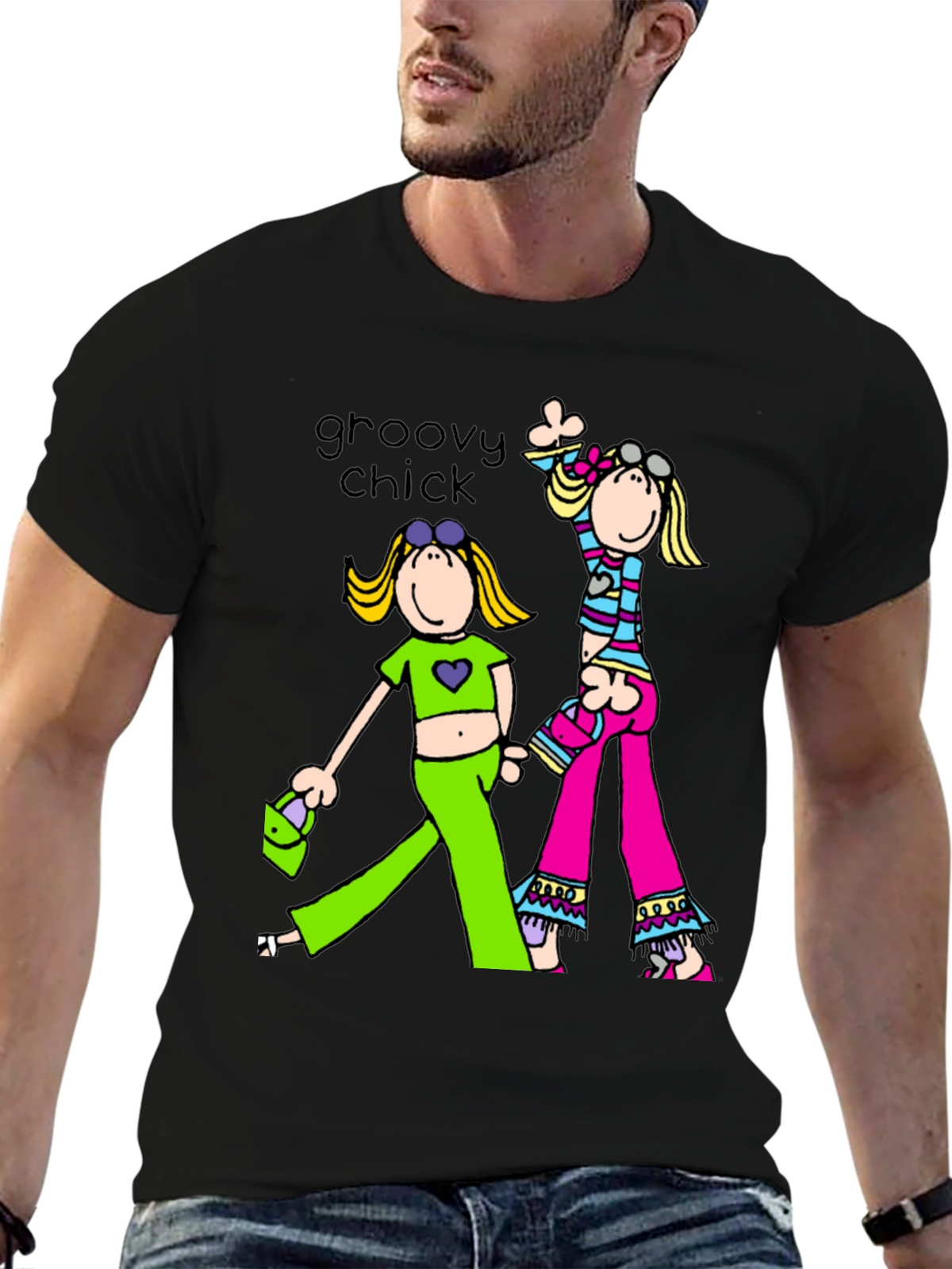 Groovy Chick Graphic Tee Retro Style Black T-Shirt