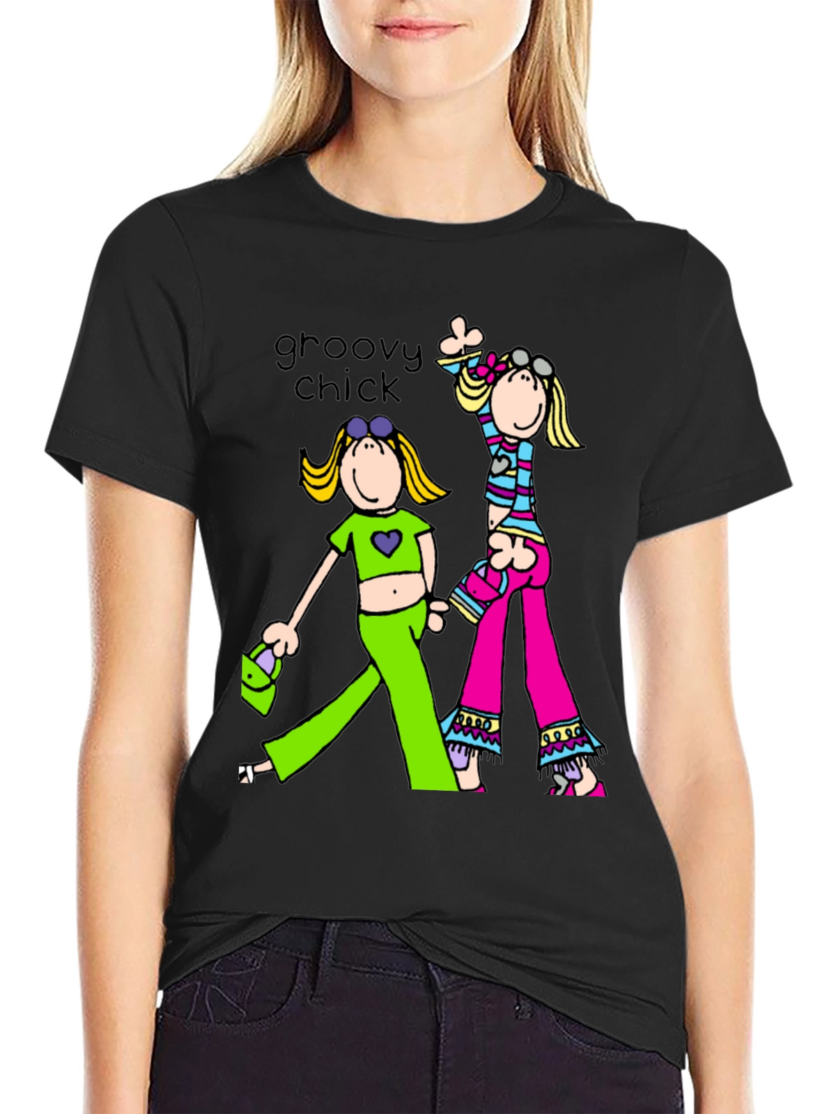 Groovy Chick Graphic Tee Retro Style Black T-Shirt