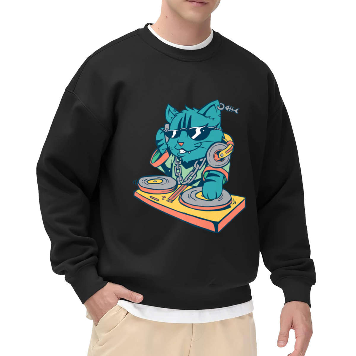 Cool Cartoon DJ Cat Scratching Vinyl Turntable with Headphones Music Lover Crewneck Sweatshirt