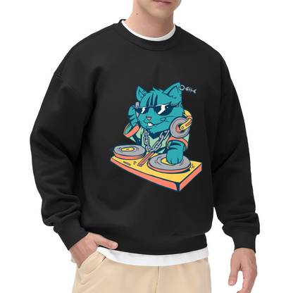 Cool Cartoon DJ Cat Scratching Vinyl Turntable with Headphones Music Lover Crewneck Sweatshirt
