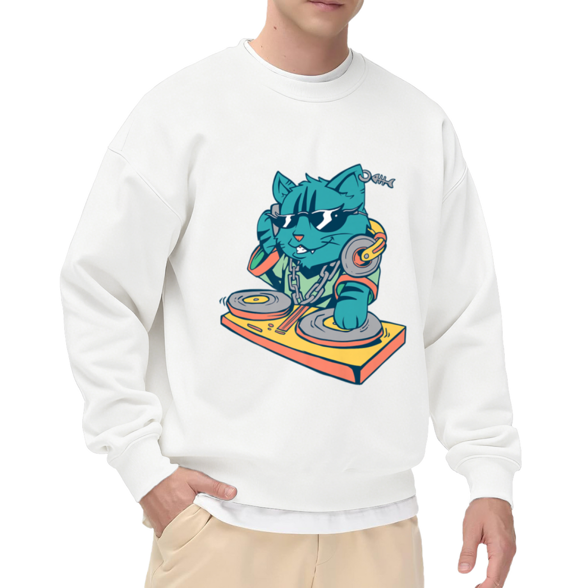 Cool Cartoon DJ Cat Scratching Vinyl Turntable with Headphones Music Lover Crewneck Sweatshirt