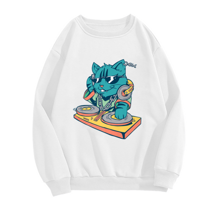 Cool Cartoon DJ Cat Scratching Vinyl Turntable with Headphones Music Lover Crewneck Sweatshirt