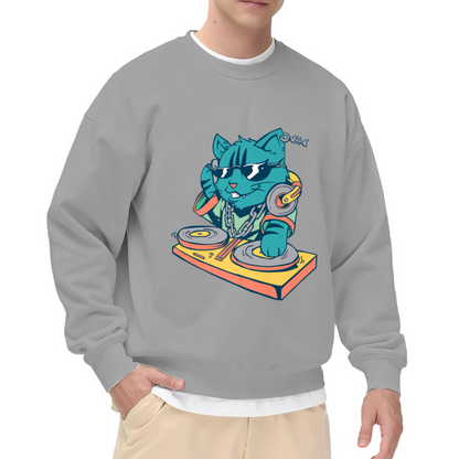 Cool Cartoon DJ Cat Scratching Vinyl Turntable with Headphones Music Lover Crewneck Sweatshirt