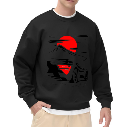 Mount Fuji Sports Car Sweatshirt | Minimalist Red Sun Speed Graphic Crewneck, Japanese Automotive Pullover Top, JDM Car Lover Gift for Men Women