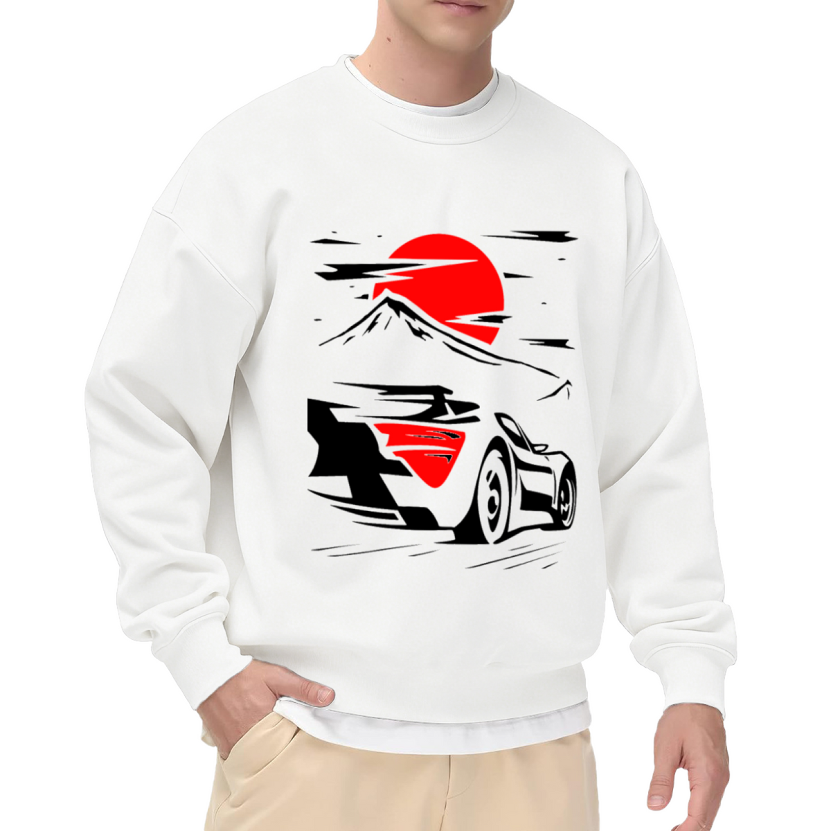 Mount Fuji Sports Car Sweatshirt | Minimalist Red Sun Speed Graphic Crewneck, Japanese Automotive Pullover Top, JDM Car Lover Gift for Men Women