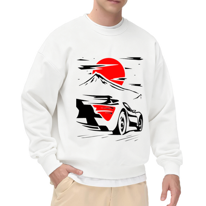 Mount Fuji Sports Car Sweatshirt | Minimalist Red Sun Speed Graphic Crewneck, Japanese Automotive Pullover Top, JDM Car Lover Gift for Men Women