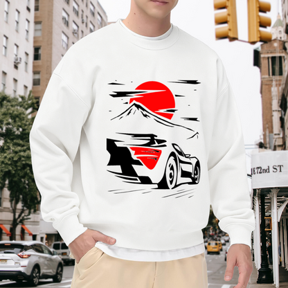 Mount Fuji Sports Car Sweatshirt | Minimalist Red Sun Speed Graphic Crewneck, Japanese Automotive Pullover Top, JDM Car Lover Gift for Men Women