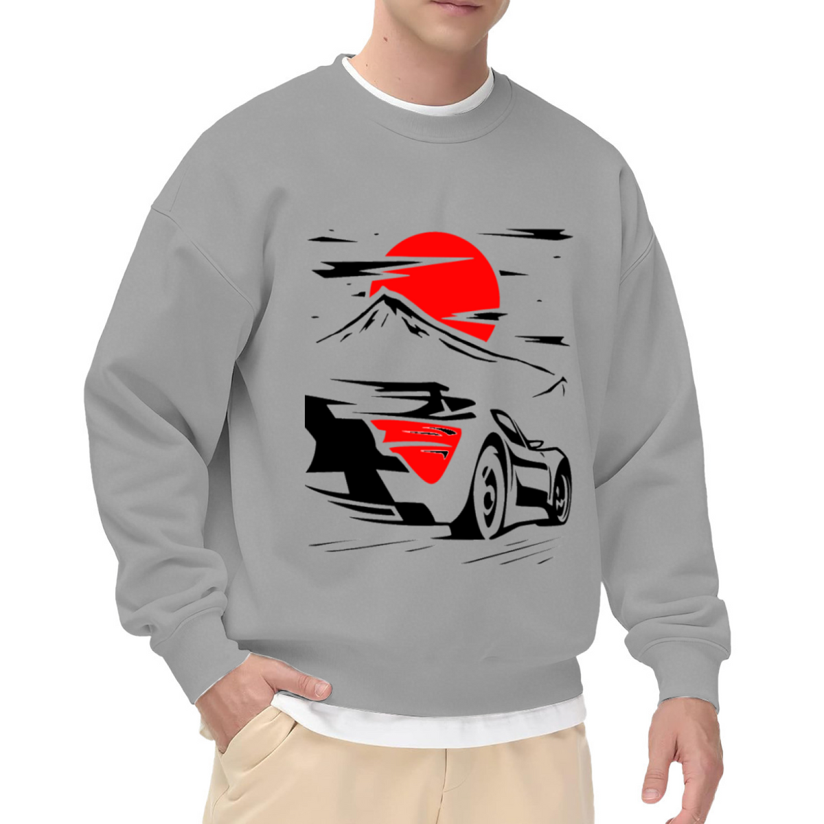 Mount Fuji Sports Car Sweatshirt | Minimalist Red Sun Speed Graphic Crewneck, Japanese Automotive Pullover Top, JDM Car Lover Gift for Men Women