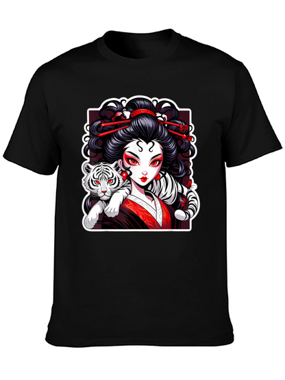 Geisha & Tiger Graphic Tee - Cool Artistic Design!