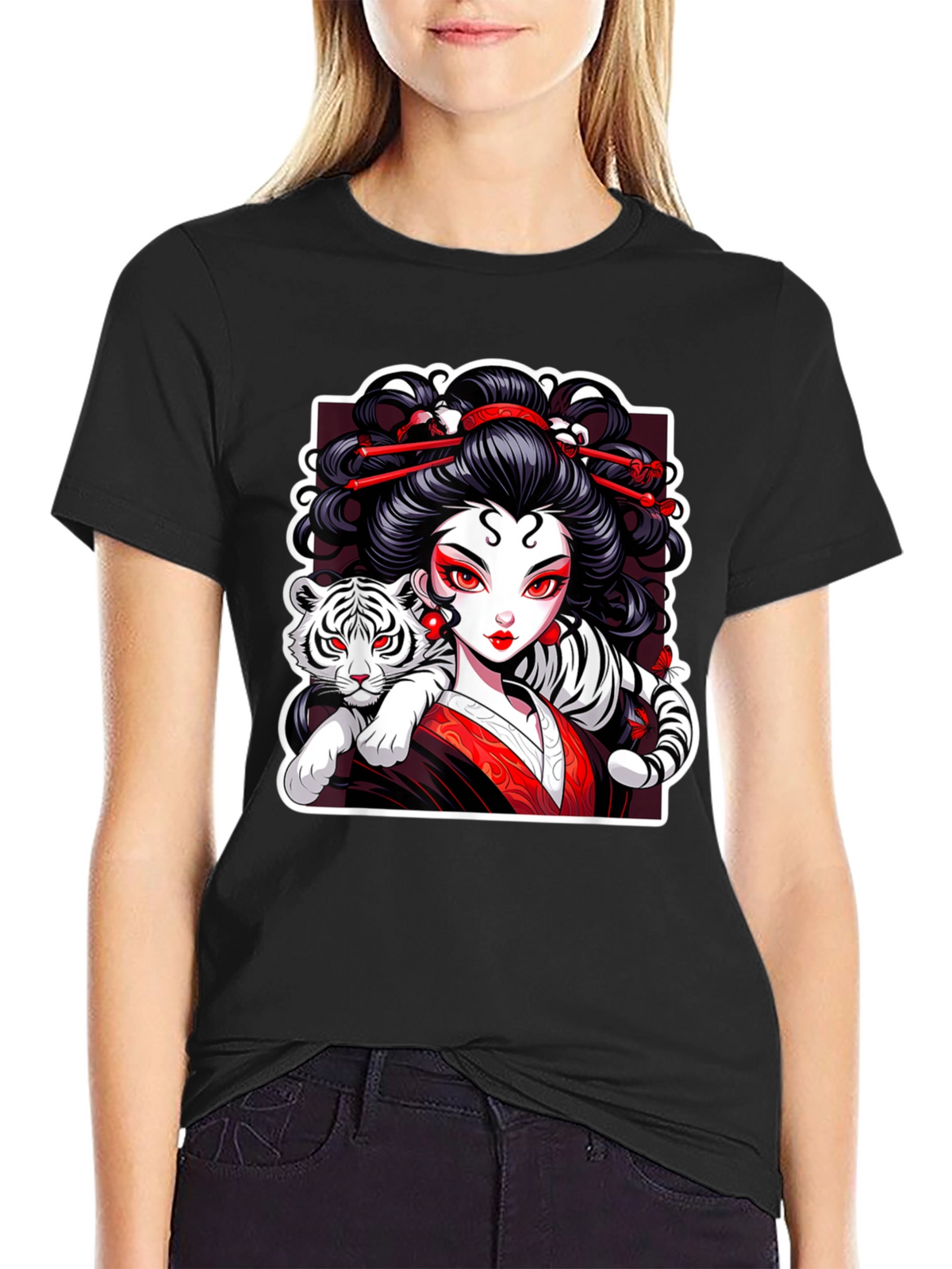 Geisha & Tiger Graphic Tee - Cool Artistic Design!