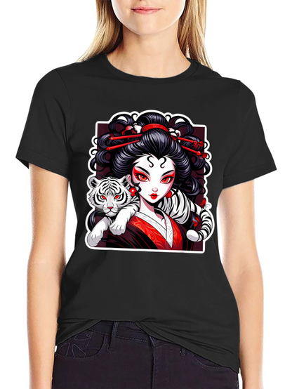 Geisha & Tiger Graphic Tee - Cool Artistic Design!