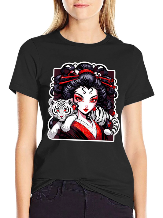 Geisha & Tiger Graphic Tee - Cool Artistic Design!