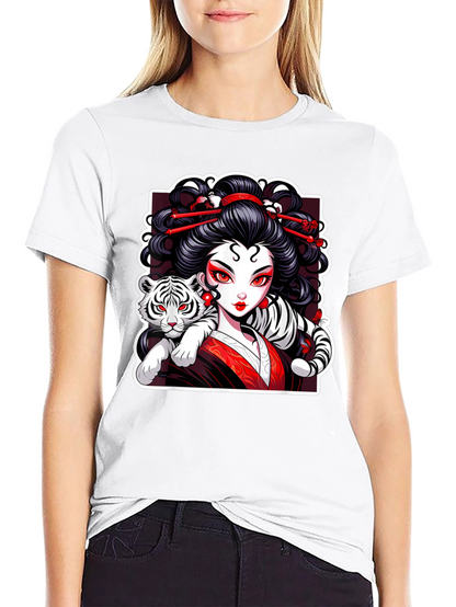 Geisha & Tiger Graphic Tee - Cool Artistic Design!