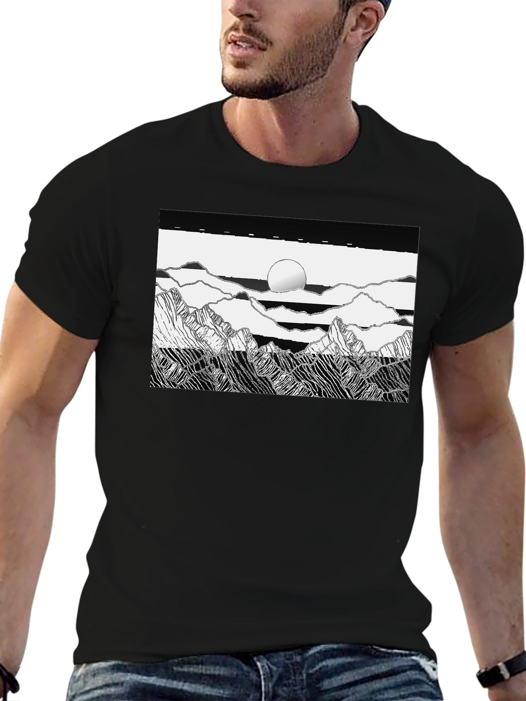 Black Graphic Tee - Mountain Scene Print