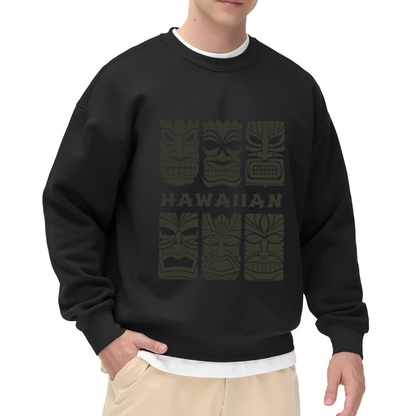 Hawaiian Tiki Mask Graphic Crewneck Sweatshirt with Bold HAWAIIAN Lettering