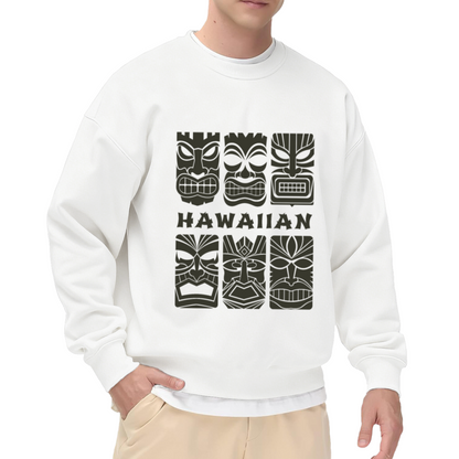 Hawaiian Tiki Mask Graphic Crewneck Sweatshirt with Bold HAWAIIAN Lettering
