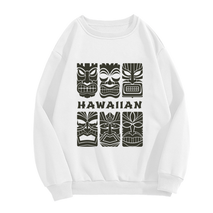 Hawaiian Tiki Mask Graphic Crewneck Sweatshirt with Bold HAWAIIAN Lettering