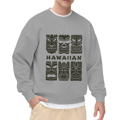 Hawaiian Tiki Mask Graphic Crewneck Sweatshirt with Bold HAWAIIAN Lettering