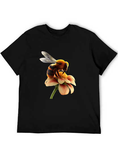 Bee on Flower Graphic Tee - Black Cotton T-Shirt