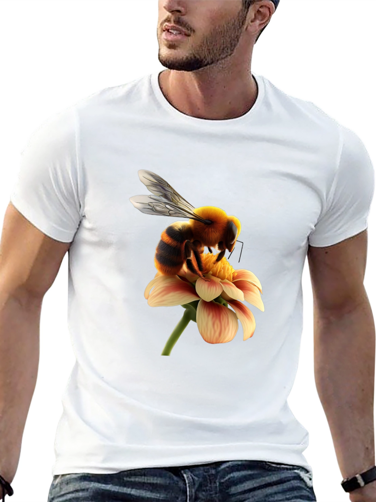 Bee on Flower Graphic Tee - Black Cotton T-Shirt