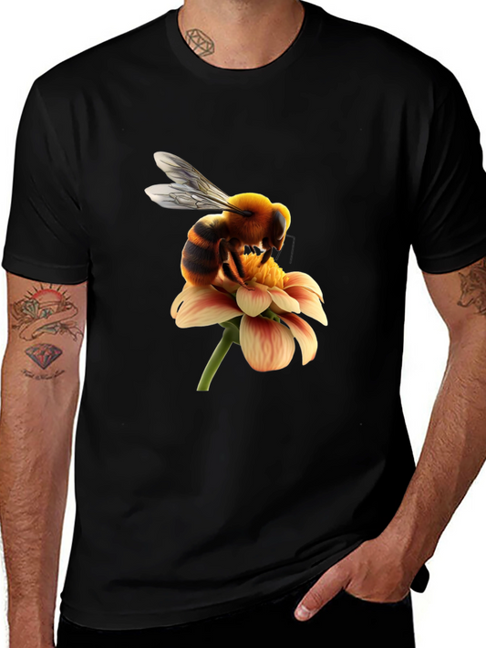 Bee on Flower Graphic Tee - Black Cotton T-Shirt