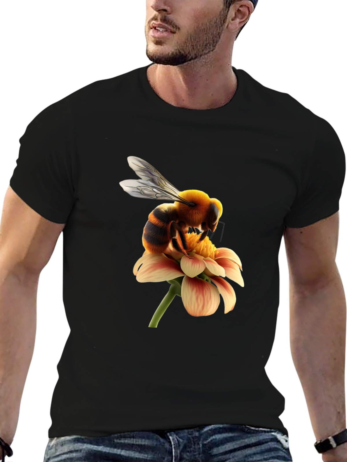 Bee on Flower Graphic Tee - Black Cotton T-Shirt