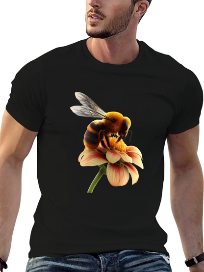 Bee on Flower Graphic Tee - Black Cotton T-Shirt
