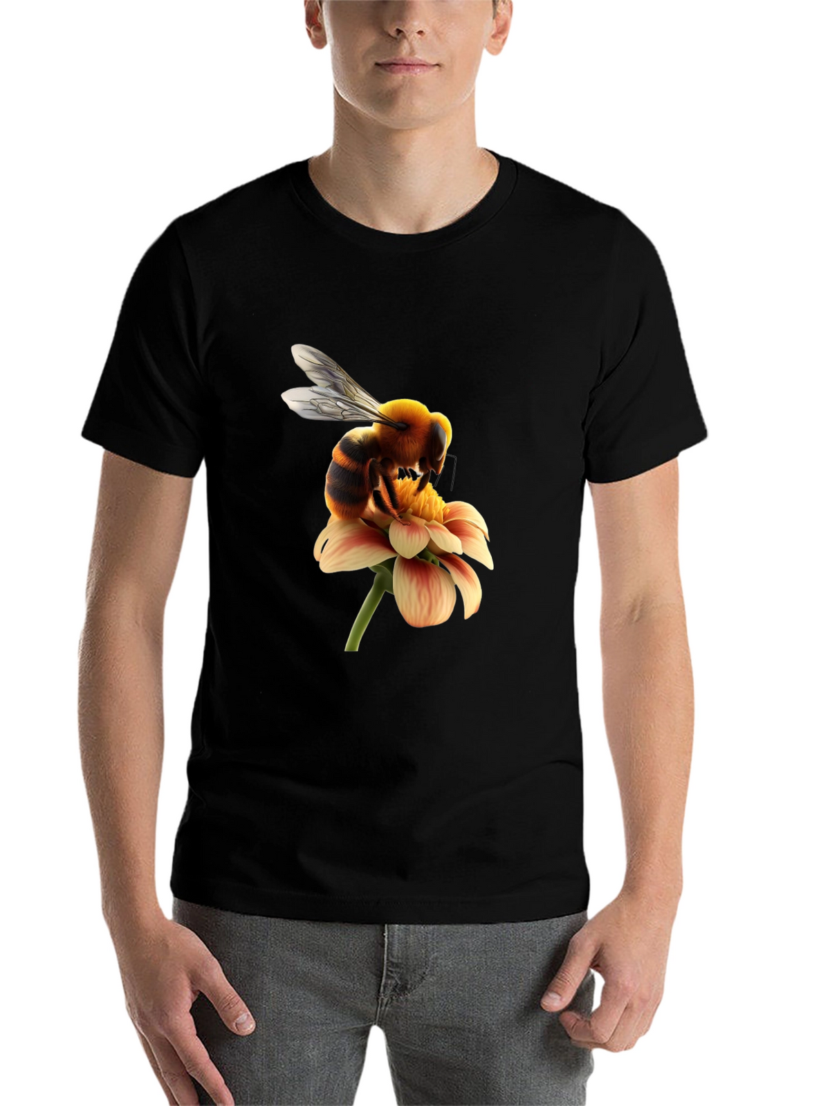 Bee on Flower Graphic Tee - Black Cotton T-Shirt